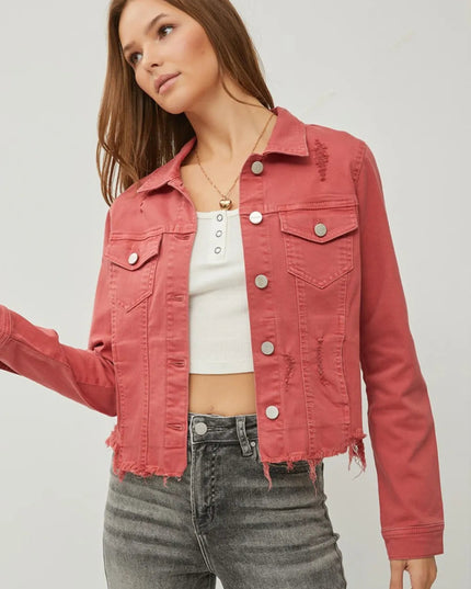 RISEN Full Size Raw Hem Button Up Cropped Denim Jacket Plus Size - THE AMERICAN BLUE