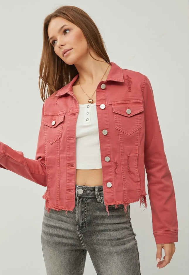 RISEN Full Size Raw Hem Button Up Cropped Denim Jacket Plus Size - THE AMERICAN BLUE