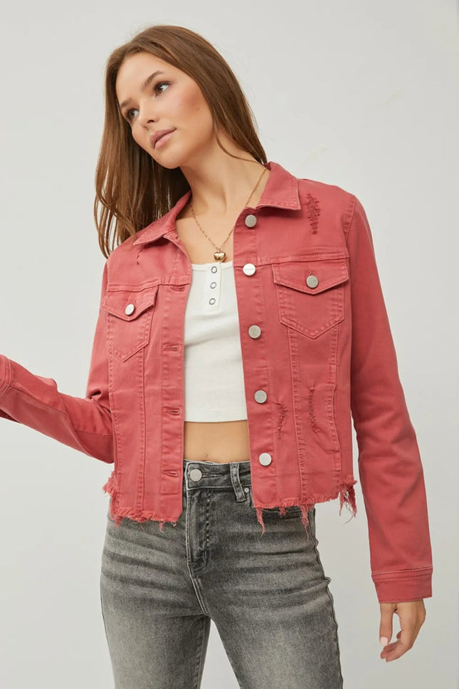 RISEN Full Size Raw Hem Button Up Cropped Denim Jacket Plus Size - THE AMERICAN BLUE