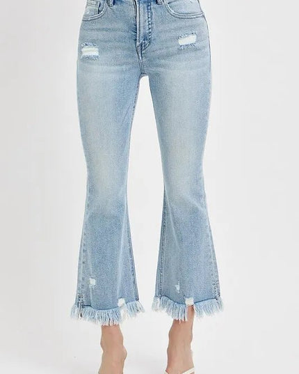 RISEN Full Size Raw Hem Distressed Cropped Flare Jeans Plus Size - THE AMERICAN BLUE