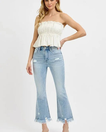 RISEN Full Size Raw Hem Distressed Cropped Flare Jeans Plus Size - THE AMERICAN BLUE