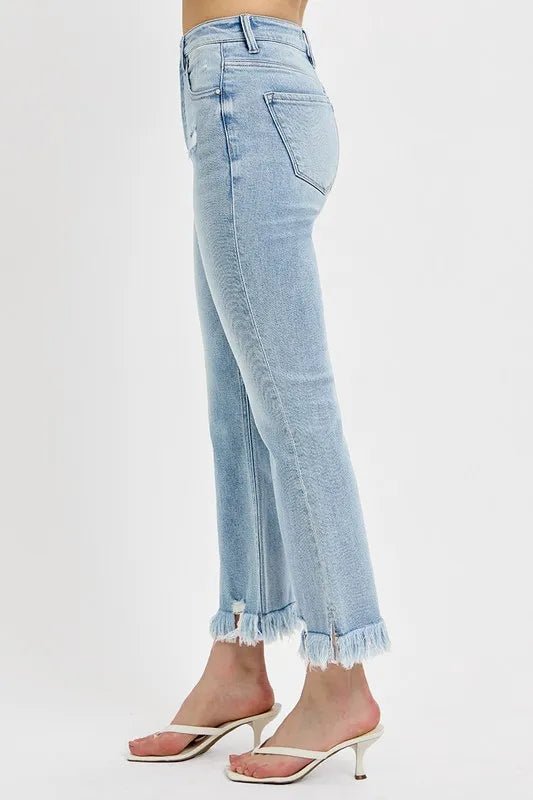 RISEN Full Size Raw Hem Distressed Cropped Flare Jeans Plus Size - THE AMERICAN BLUE