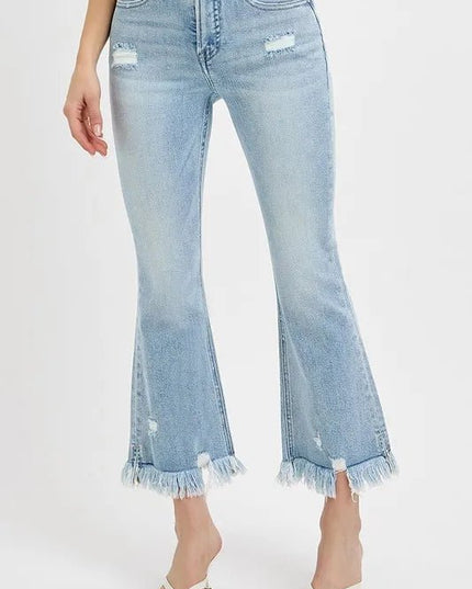 RISEN Full Size Raw Hem Distressed Cropped Flare Jeans Plus Size - THE AMERICAN BLUE