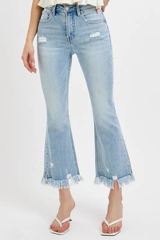 RISEN Full Size Raw Hem Distressed Cropped Flare Jeans Plus Size - THE AMERICAN BLUE