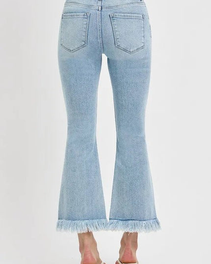 RISEN Full Size Raw Hem Distressed Cropped Flare Jeans Plus Size - THE AMERICAN BLUE