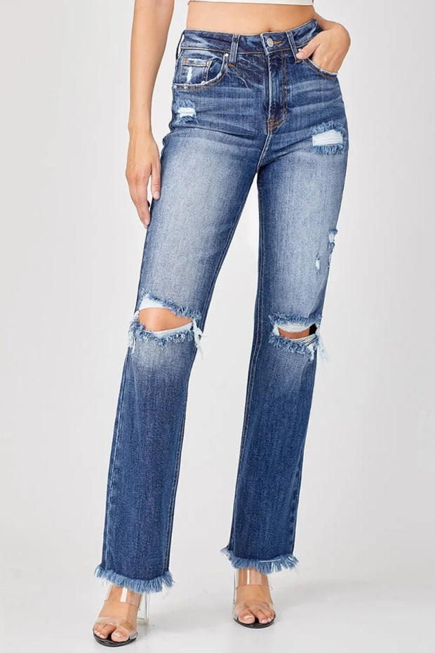 Risen Full Size Raw Hem Distressed Straight Jeans - THE AMERICAN BLUE