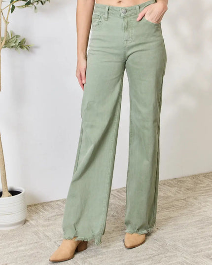 RISEN Full Size Raw Hem Wide - Leg Jeans - THE AMERICAN BLUE