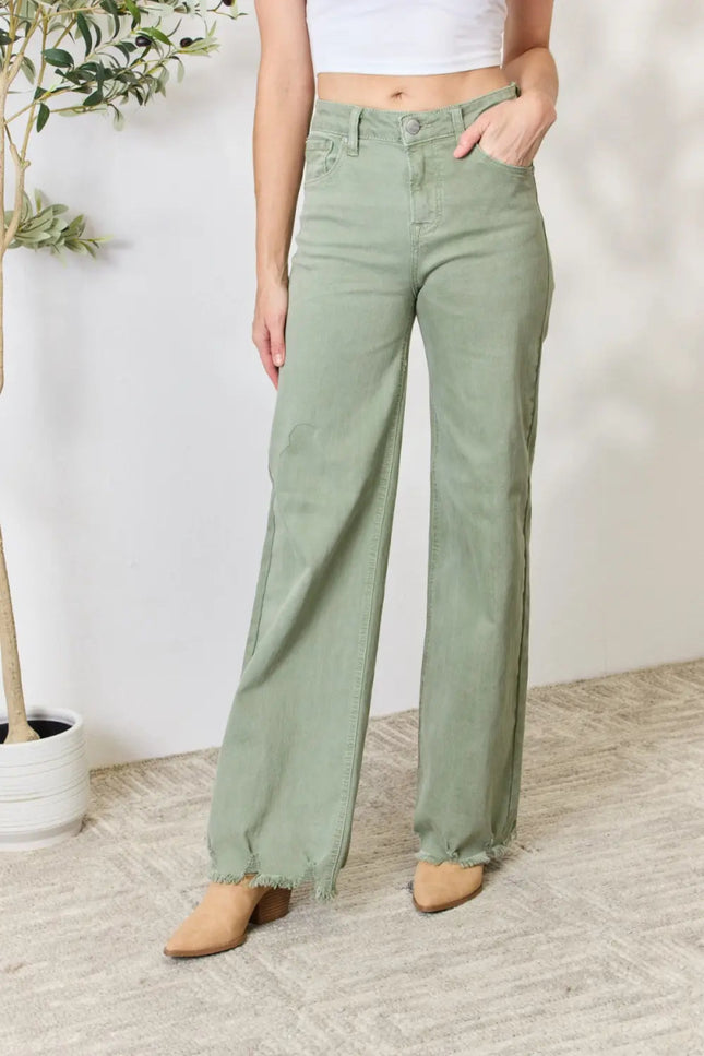RISEN Full Size Raw Hem Wide - Leg Jeans - THE AMERICAN BLUE