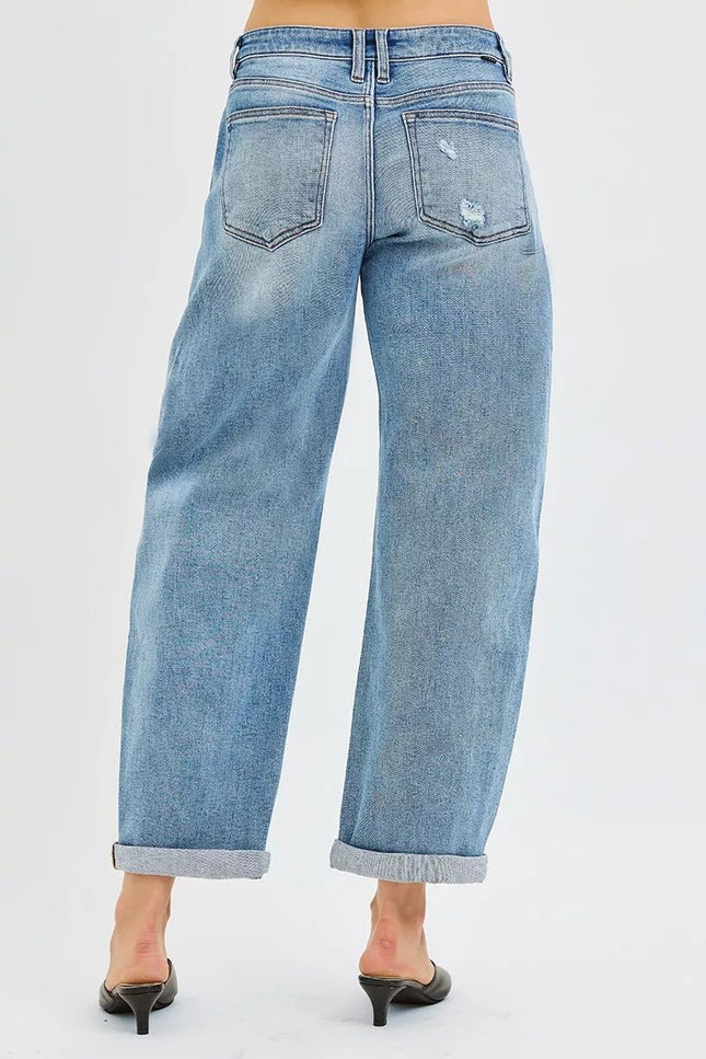 RISEN Full Size Slouchy Ankle Length Barrel Jeans with Cuffs Plus Size - THE AMERICAN BLUE