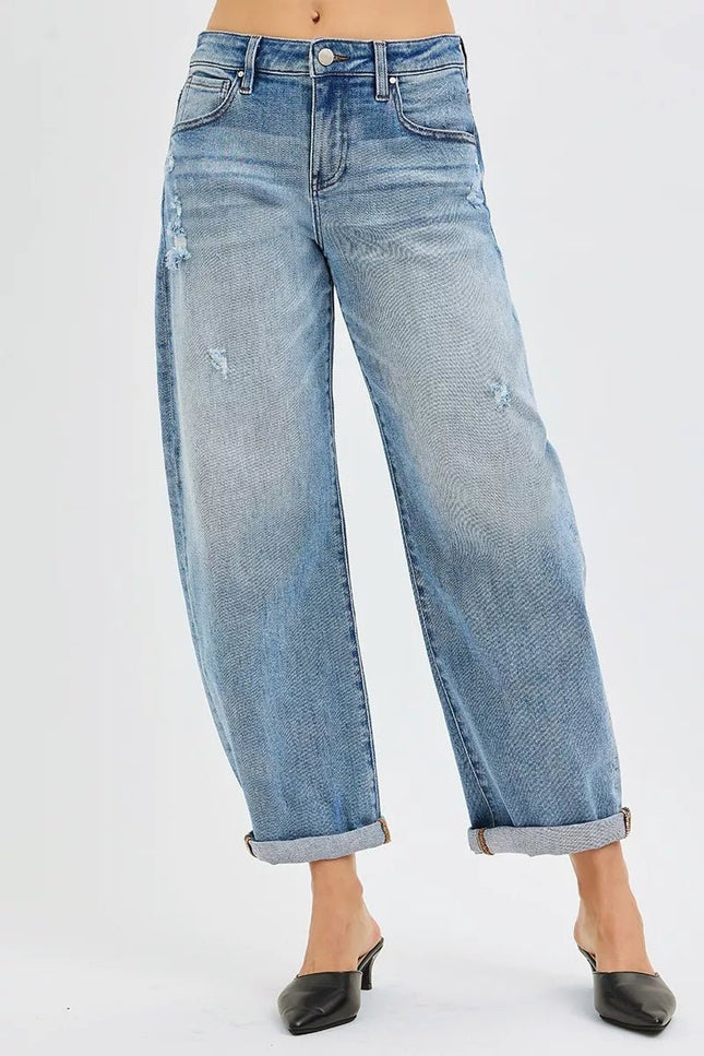 RISEN Full Size Slouchy Ankle Length Barrel Jeans with Cuffs Plus Size - THE AMERICAN BLUE