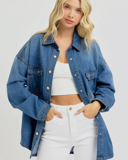 RISEN Full Size Snap Down Long Sleeve Denim Shacket - THE AMERICAN BLUE