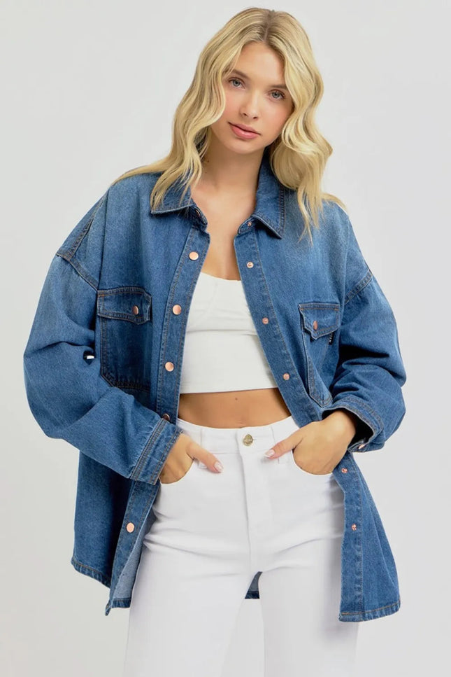 RISEN Full Size Snap Down Long Sleeve Denim Shacket - THE AMERICAN BLUE