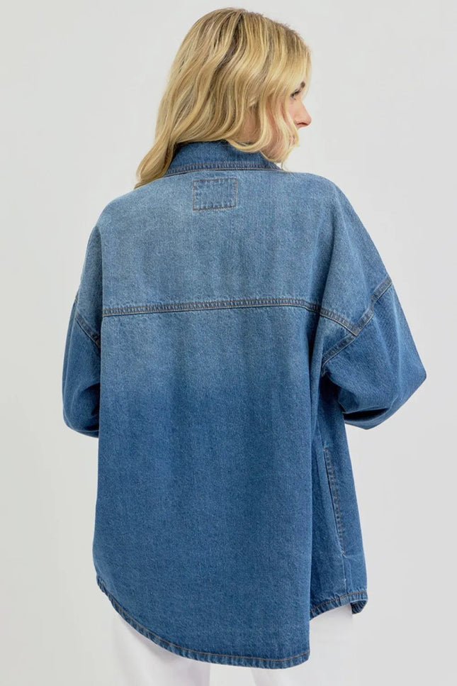 RISEN Full Size Snap Down Long Sleeve Denim Shacket - THE AMERICAN BLUE