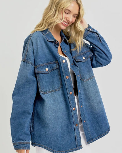 RISEN Full Size Snap Down Long Sleeve Denim Shacket - THE AMERICAN BLUE