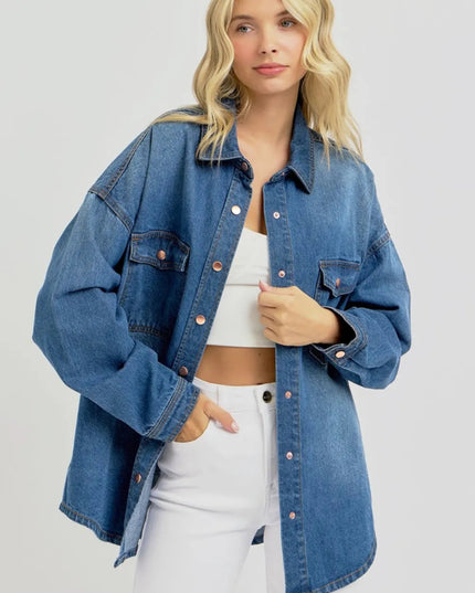 RISEN Full Size Snap Down Long Sleeve Denim Shacket - THE AMERICAN BLUE