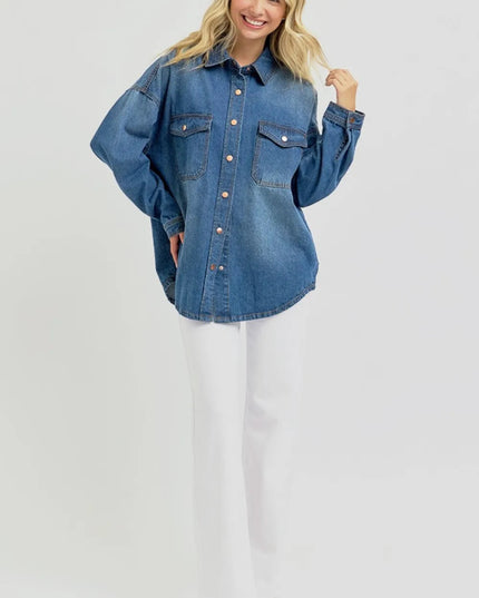 RISEN Full Size Snap Down Long Sleeve Denim Shacket - THE AMERICAN BLUE