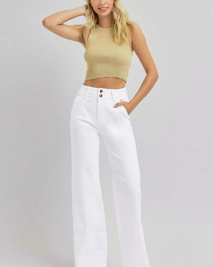 RISEN Full Size Tummy Control Double Button Wide Leg Jeans - THE AMERICAN BLUE