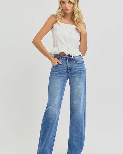 RISEN Full Size Tummy Control Elastic Band High Rise Wide Jeans Plus Size - THE AMERICAN BLUE
