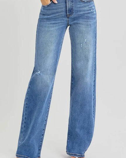 RISEN Full Size Tummy Control Elastic Band High Rise Wide Jeans Plus Size - THE AMERICAN BLUE