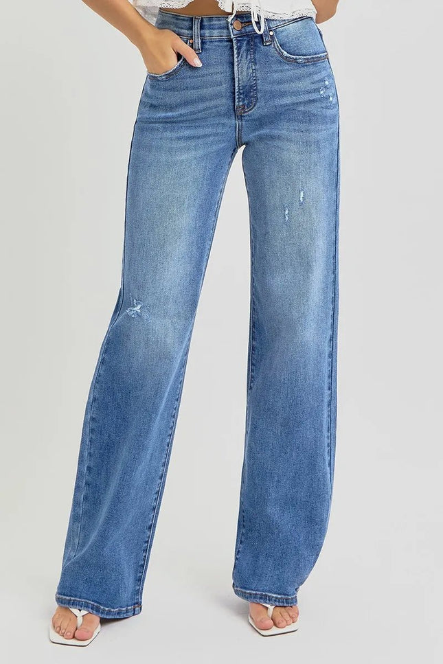 RISEN Full Size Tummy Control Elastic Band High Rise Wide Jeans Plus Size - THE AMERICAN BLUE