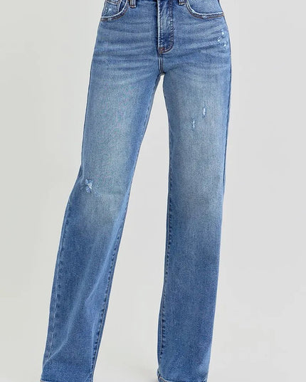 RISEN Full Size Tummy Control Elastic Band High Rise Wide Jeans Plus Size - THE AMERICAN BLUE