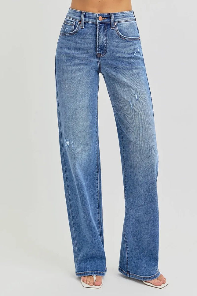 RISEN Full Size Tummy Control Elastic Band High Rise Wide Jeans Plus Size - THE AMERICAN BLUE