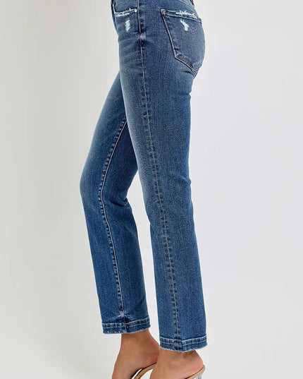 RISEN Full Size Tummy Control Elastic Band Mid Rise Straight Jeans Plus Size - THE AMERICAN BLUE