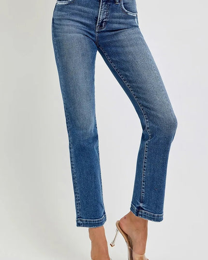 RISEN Full Size Tummy Control Elastic Band Mid Rise Straight Jeans Plus Size - THE AMERICAN BLUE