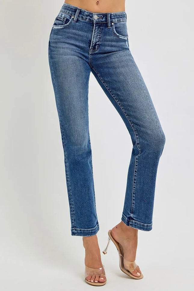 RISEN Full Size Tummy Control Elastic Band Mid Rise Straight Jeans Plus Size - THE AMERICAN BLUE