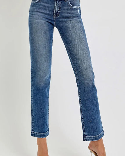 RISEN Full Size Tummy Control Elastic Band Mid Rise Straight Jeans Plus Size - THE AMERICAN BLUE