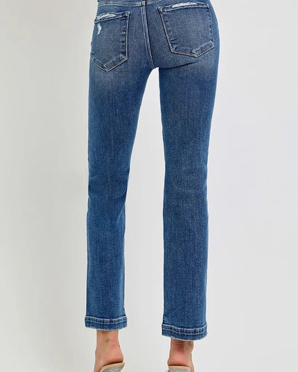 RISEN Full Size Tummy Control Elastic Band Mid Rise Straight Jeans Plus Size - THE AMERICAN BLUE