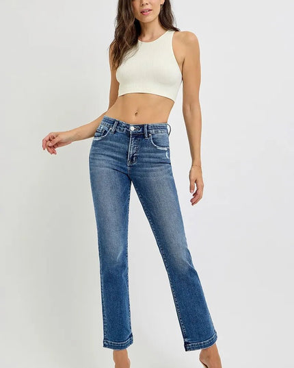 RISEN Full Size Tummy Control Elastic Band Mid Rise Straight Jeans Plus Size - THE AMERICAN BLUE