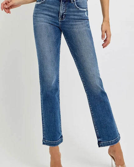 RISEN Full Size Tummy Control Elastic Band Mid Rise Straight Jeans Plus Size - THE AMERICAN BLUE