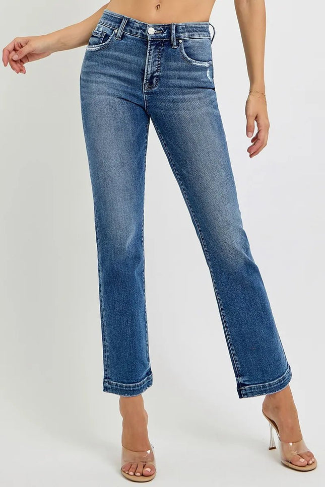 RISEN Full Size Tummy Control Elastic Band Mid Rise Straight Jeans Plus Size - THE AMERICAN BLUE