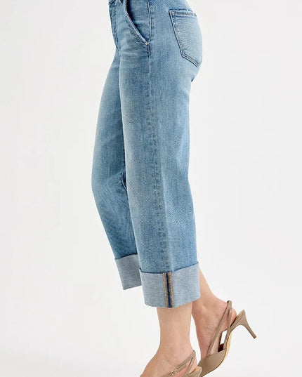 RISEN Full Size Tummy Control High Rise Ankle Wide Cuffed Jeans Plus Size - THE AMERICAN BLUE
