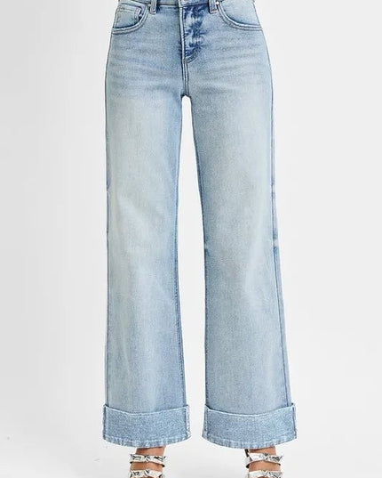RISEN Full Size Tummy Control High Rise Ankle Wide Cuffed Jeans Plus Size - THE AMERICAN BLUE