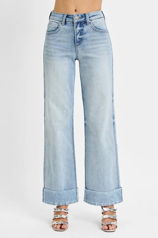 RISEN Full Size Tummy Control High Rise Ankle Wide Cuffed Jeans Plus Size - THE AMERICAN BLUE