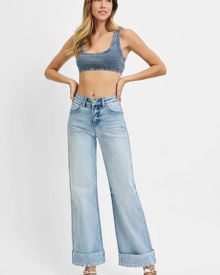 RISEN Full Size Tummy Control High Rise Ankle Wide Cuffed Jeans Plus Size - THE AMERICAN BLUE