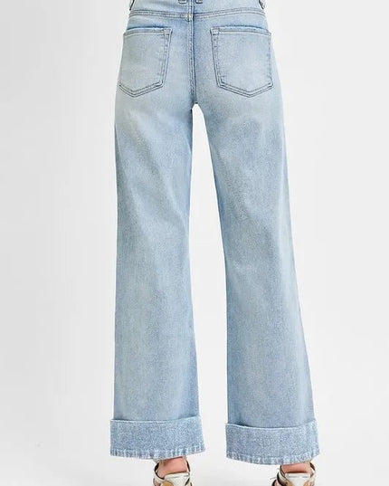 RISEN Full Size Tummy Control High Rise Ankle Wide Cuffed Jeans Plus Size - THE AMERICAN BLUE