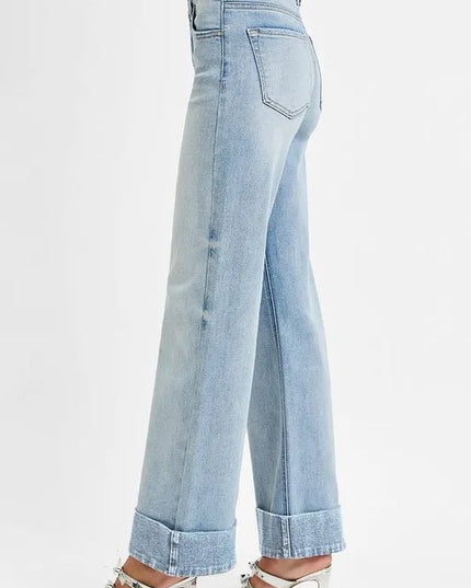 RISEN Full Size Tummy Control High Rise Ankle Wide Cuffed Jeans Plus Size - THE AMERICAN BLUE