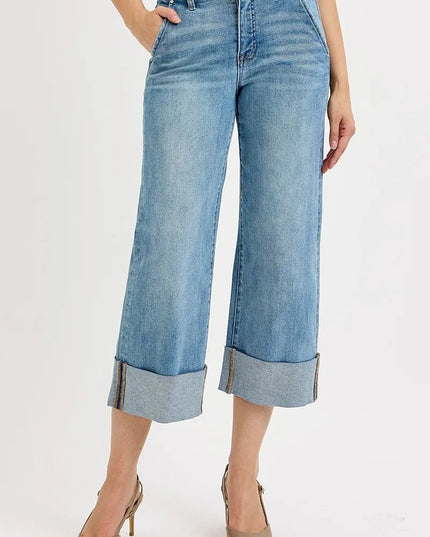 RISEN Full Size Tummy Control High Rise Ankle Wide Cuffed Jeans Plus Size - THE AMERICAN BLUE
