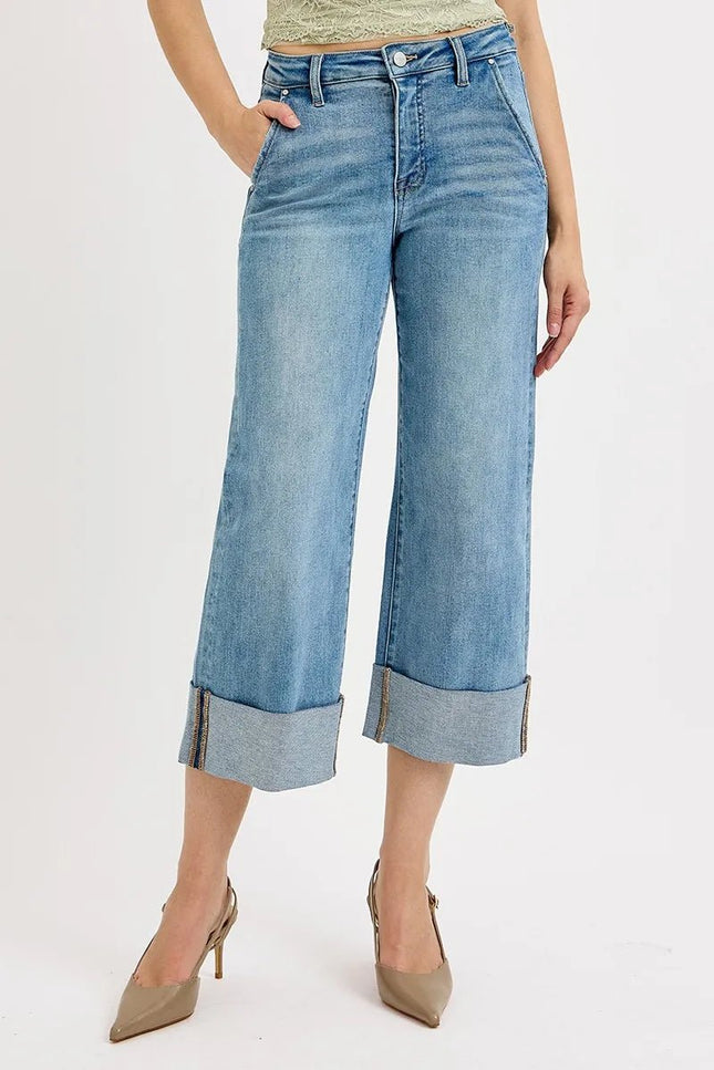 RISEN Full Size Tummy Control High Rise Ankle Wide Cuffed Jeans Plus Size - THE AMERICAN BLUE