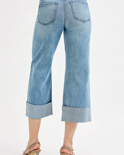 RISEN Full Size Tummy Control High Rise Ankle Wide Cuffed Jeans Plus Size - THE AMERICAN BLUE