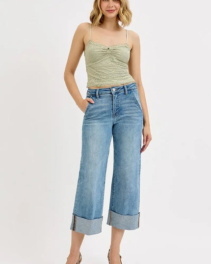 RISEN Full Size Tummy Control High Rise Ankle Wide Cuffed Jeans Plus Size - THE AMERICAN BLUE