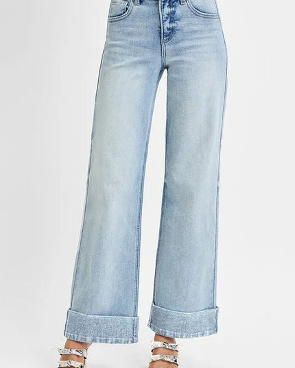 RISEN Full Size Tummy Control High Rise Ankle Wide Cuffed Jeans Plus Size - THE AMERICAN BLUE