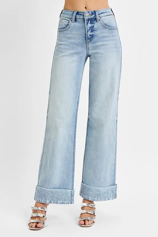 RISEN Full Size Tummy Control High Rise Ankle Wide Cuffed Jeans Plus Size - THE AMERICAN BLUE