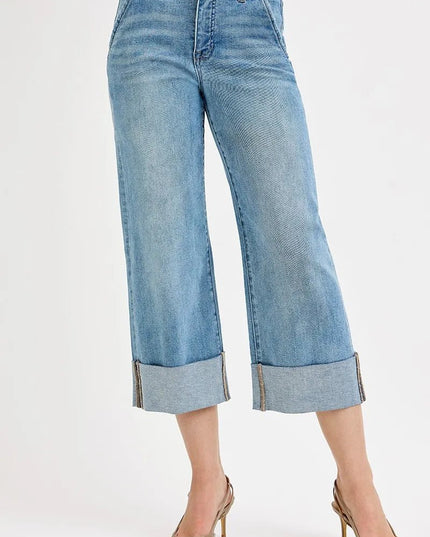 RISEN Full Size Tummy Control High Rise Ankle Wide Cuffed Jeans Plus Size - THE AMERICAN BLUE