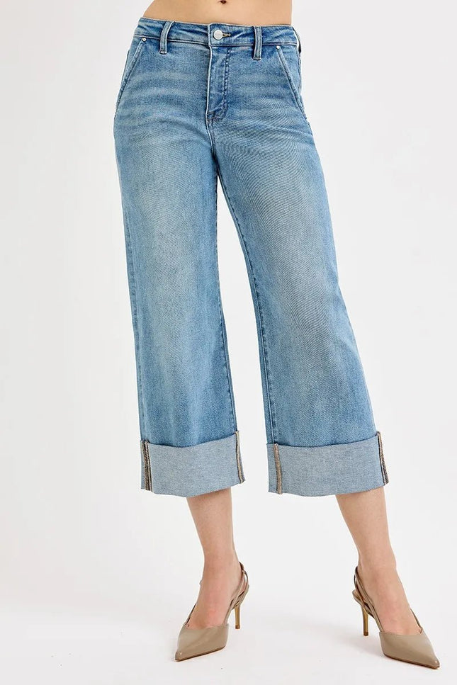 RISEN Full Size Tummy Control High Rise Ankle Wide Cuffed Jeans Plus Size - THE AMERICAN BLUE