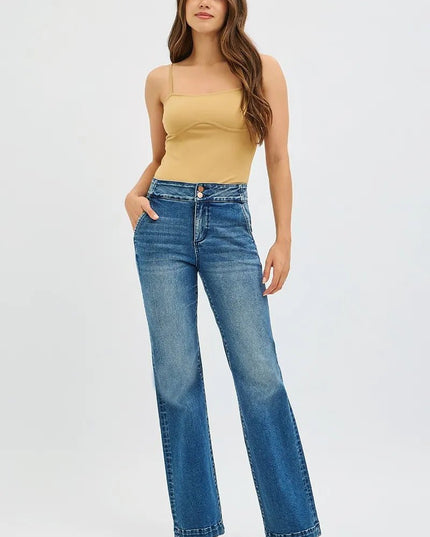 RISEN Full Size Tummy Control High Rise Bootcut Jeans with Double Button Waistband Plus Size - THE AMERICAN BLUE