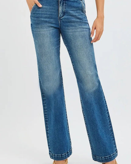RISEN Full Size Tummy Control High Rise Bootcut Jeans with Double Button Waistband Plus Size - THE AMERICAN BLUE